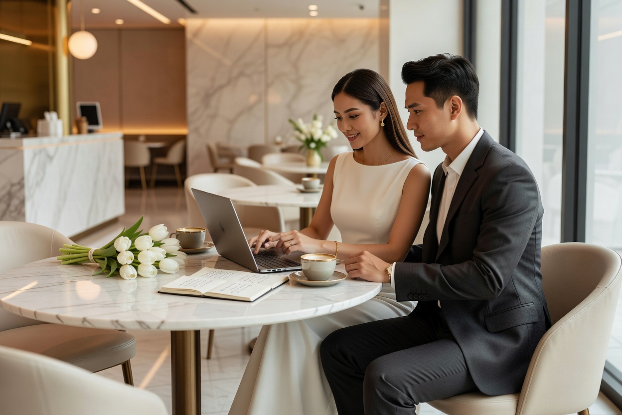 Couple reviewing wedding plans at a marble cafe table