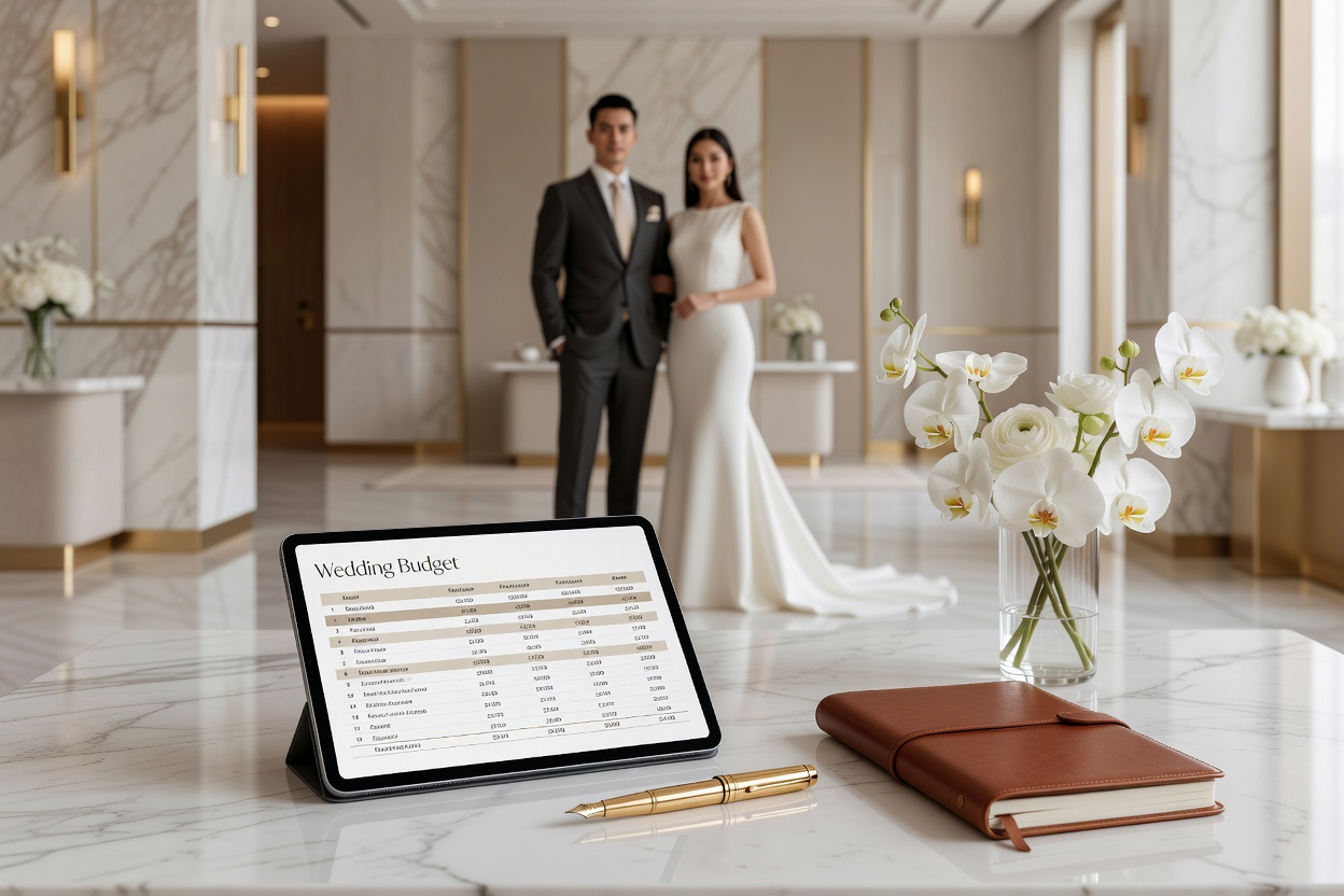 Wedding budget spreadsheet on tablet with luxury planner